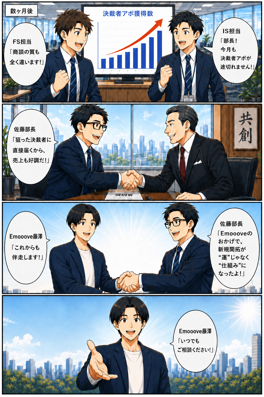 数ヶ月後、決裁者アポ獲得数は右肩上がり。狙った決裁者に直接届き売上も好調。新規開拓が運ではなく仕組みになり、Emoooveはこれからも伴走します
